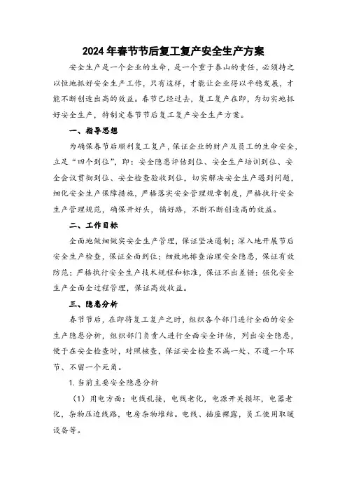 2024年春节节后复工复产安全生产方案
