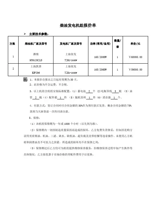 最新整理2012年度柴油发电机组相关报价单.doc