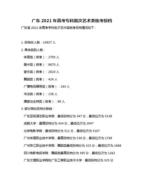 广东2021年高考专科批次艺术类统考投档