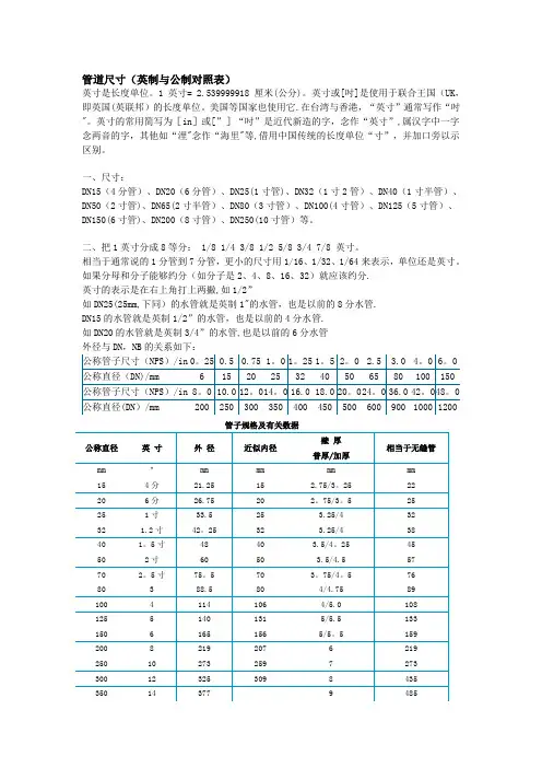 管道英制与公制对照表