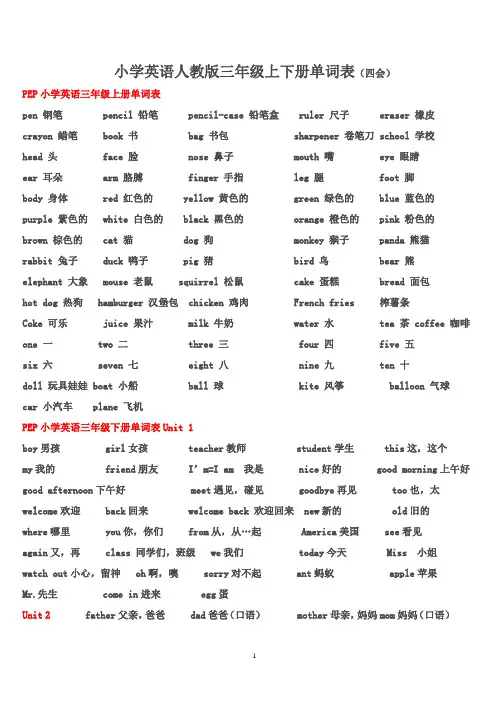 人教版小学三至五年级英语单词总汇