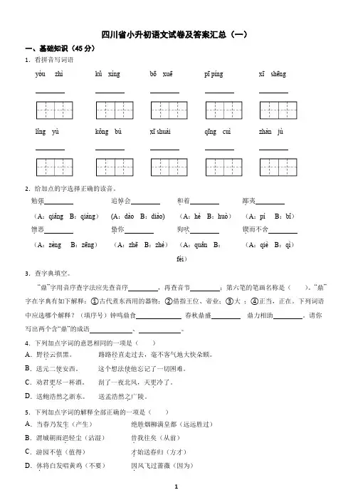 四川省小升初语文试卷及答案汇总(一)