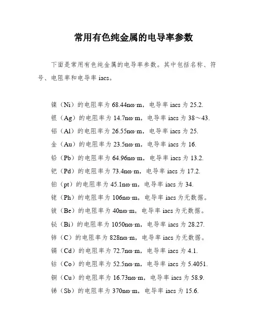 常用有色纯金属的电导率参数