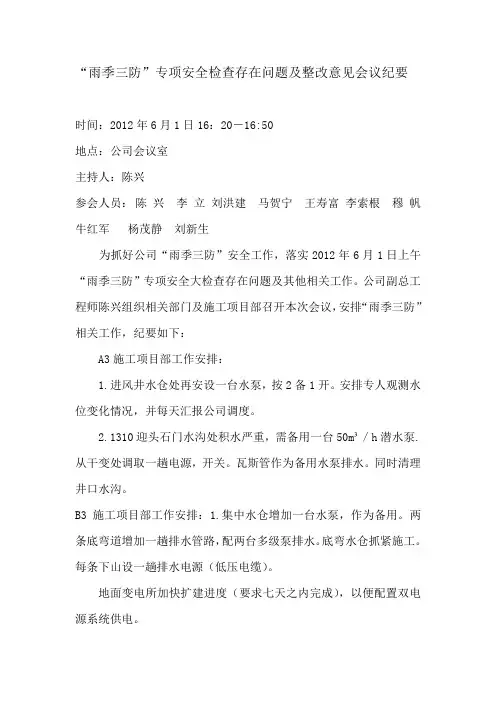 “雨季三防”专项安全检查存在问题及整改意见会议纪要