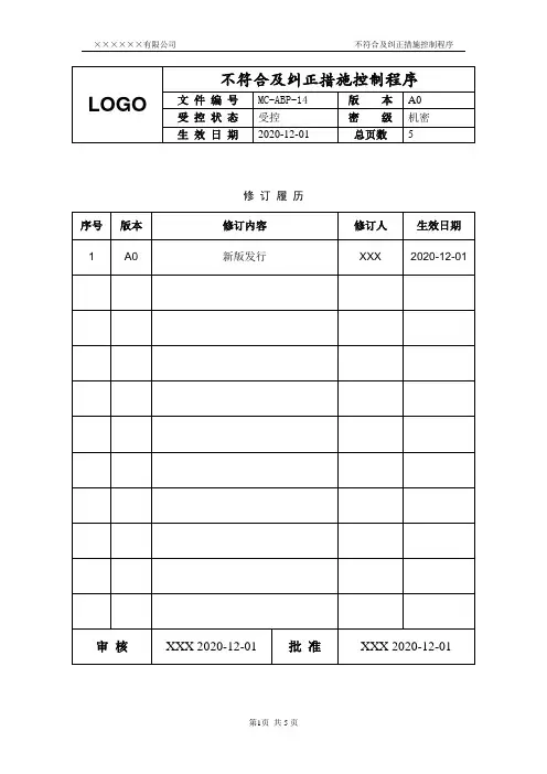 14【反贿赂】不符合及纠正措施控制程序(含全部附表-体系通用版)