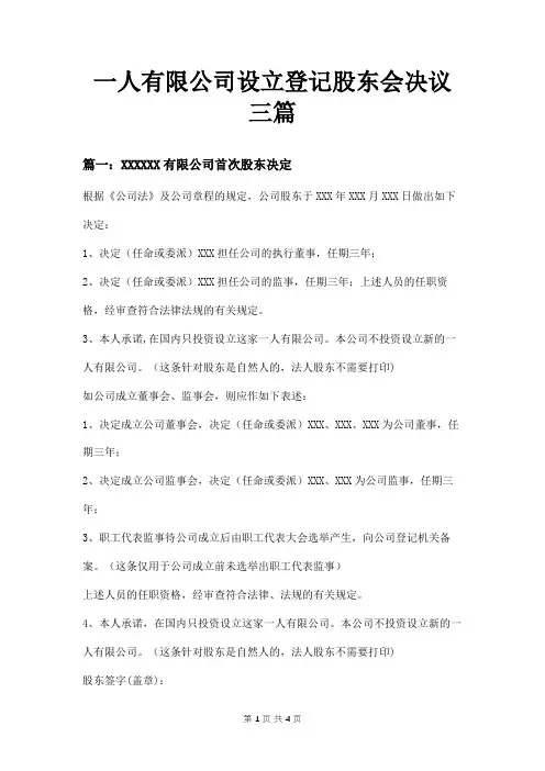 一人有限公司设立登记股东会决议三篇