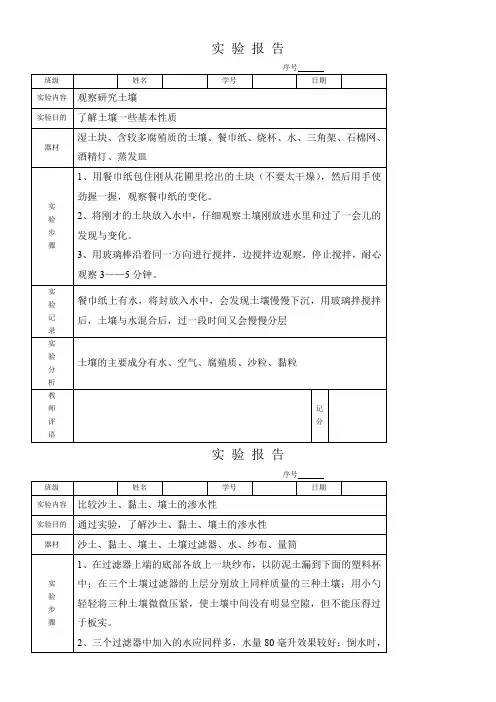 三年级实验报告表下
