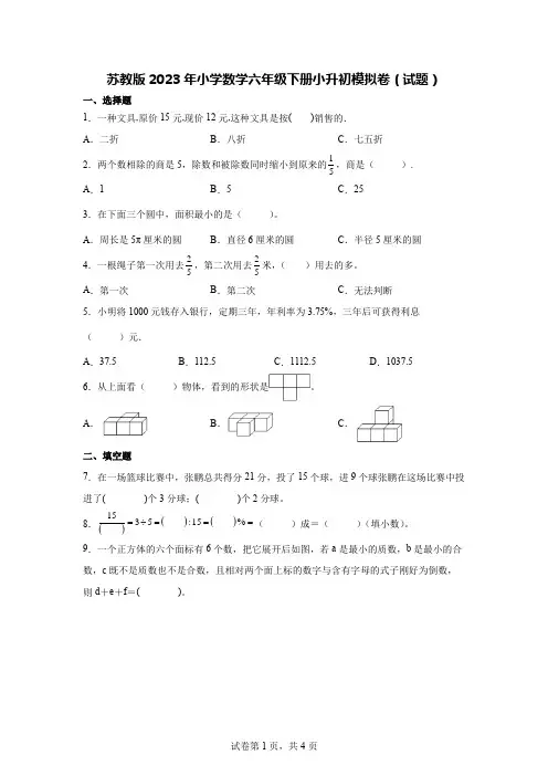 苏教版2023年小学数学六年级下册小升初模拟卷(试题)【含答案】