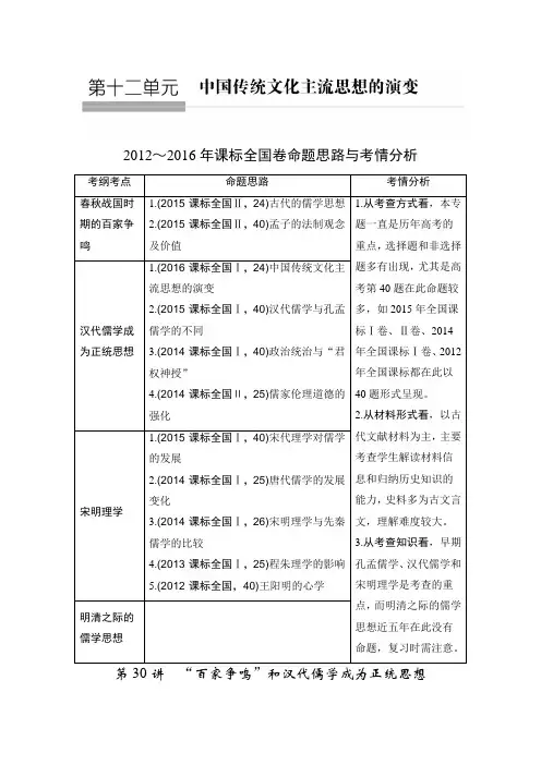 高考历史(人教版)一轮复习精品讲练：第十二单元 第30讲 “百家争鸣”和汉代儒学成为正统思想