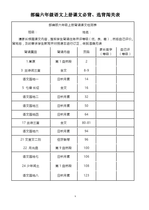 部编版六年级语文上册课文必背、选背闯关表