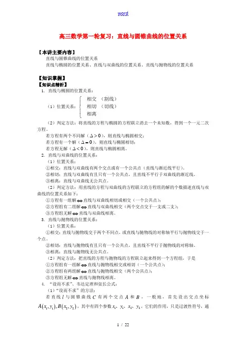 高三数学第一轮复习：直线与圆锥曲线的位置关系知识精讲