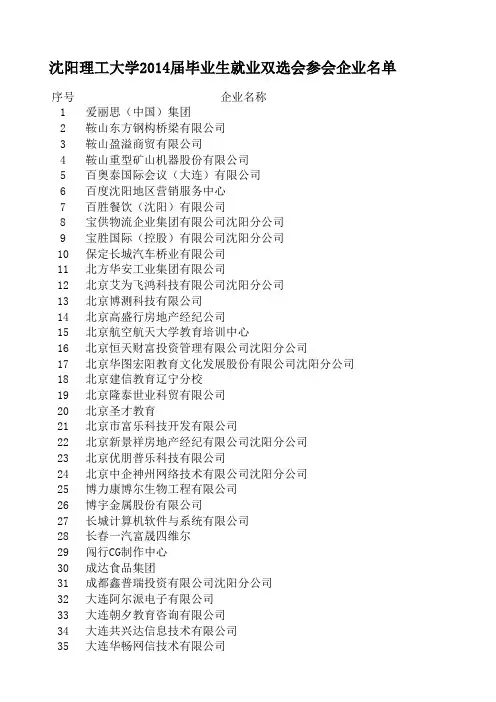 沈阳理工大学2014届毕业生就业双选会部分参会企业名单