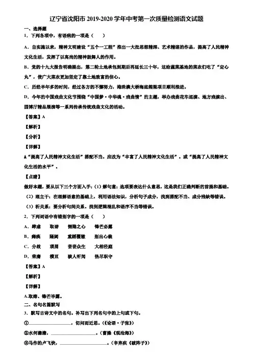 辽宁省沈阳市2019-2020学年中考第一次质量检测语文试题含解析