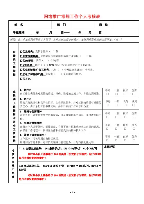 网络推广常规工作考核表