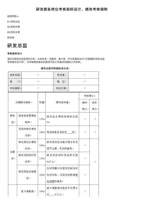 研发部各岗位考核指标设计、绩效考核细则