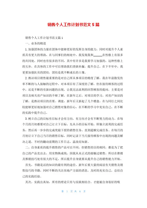 销售个人工作计划书范文5篇
