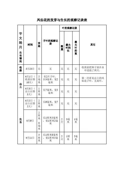 凤仙花的发芽与生长的观察记录表