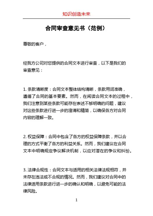合同审查意见书(范例)