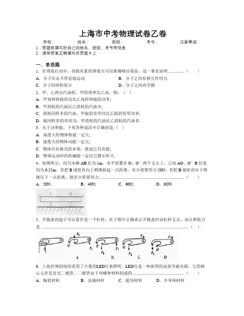 上海市中考物理试卷乙卷附解析