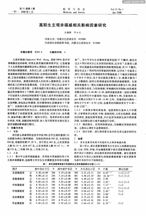 高职生主观幸福感相关影响因素研究