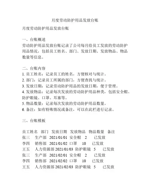 月度劳动防护用品发放台账