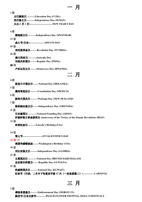 全球各国节假日汇总中英文对照