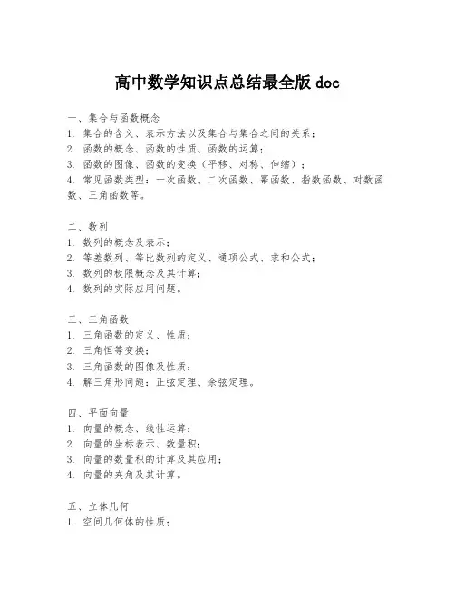 高中数学知识点总结最全版doc