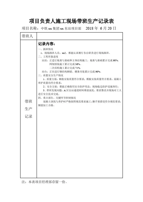 项目负责人施工现场带班生产记录表6.20