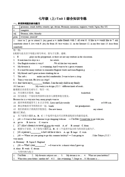 深圳深圳七年级 (上) Unit 1综合知识专练含答案