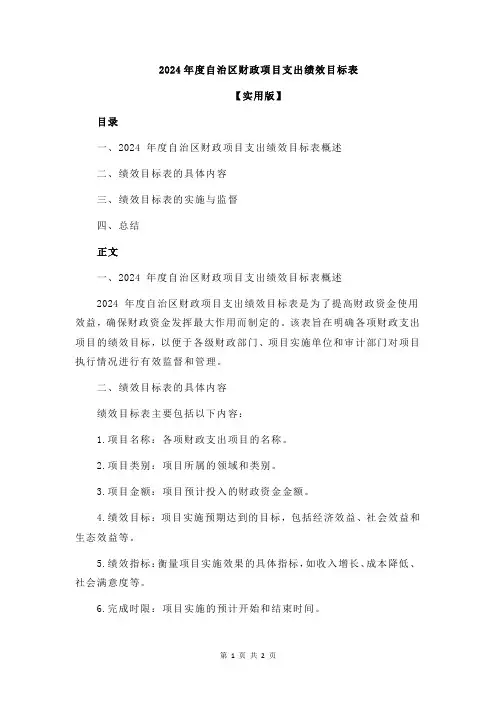 2024年度自治区财政项目支出绩效目标表