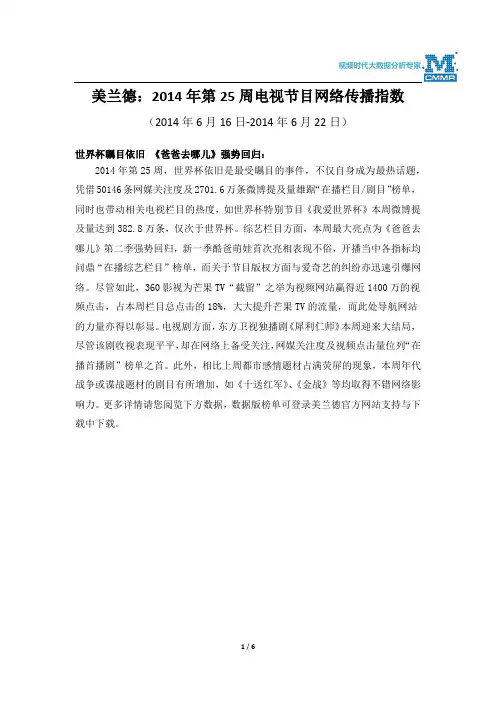 美兰德：2014年第25周电视节目网络传播指数