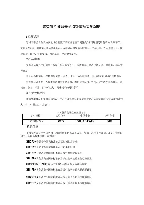 薯类薯片食品安全监督抽检实施细则