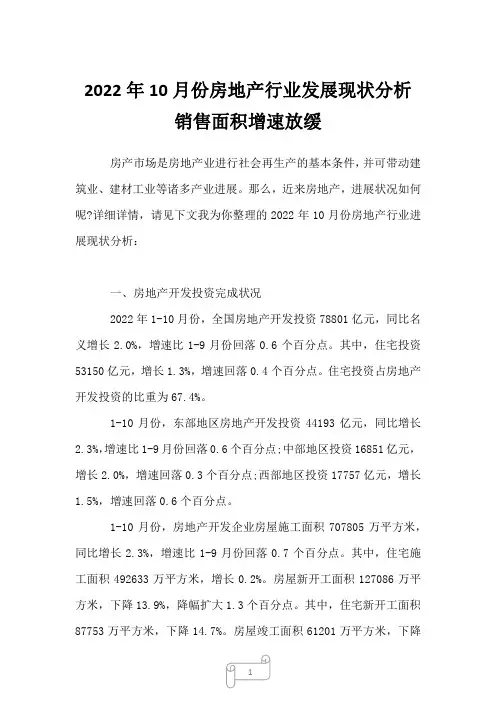 2022年10月份房地产行业发展现状分析 销售面积增速放缓