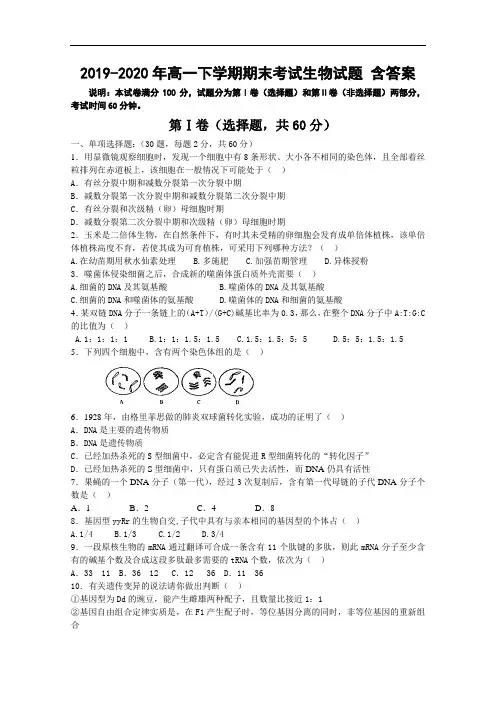 2019-2020年高一下学期期末考试生物试题 含答案
