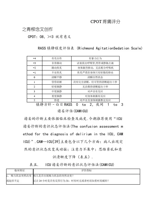 ICU常用镇静镇痛评分及谵妄评估量表