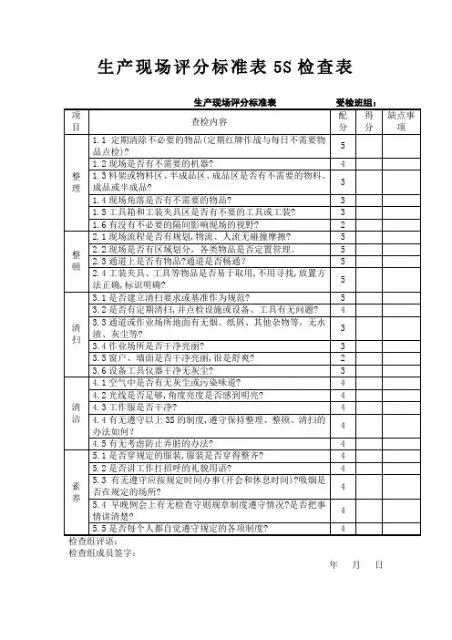 生产现场评分标准表5S检查表