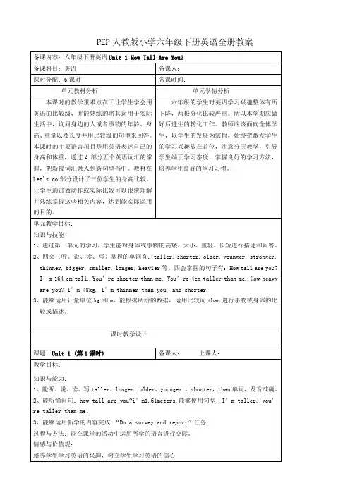 PEP人教版小学六年级下册英语全册教案