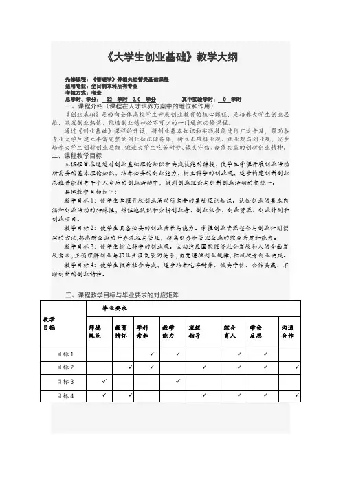 《大学生创业基础》教学大纲