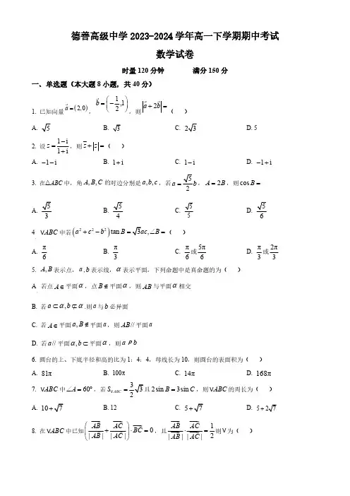 湖南省常德市德善高级中学2023-2024学年高一下学期期中考试数学试题(含简单答案)
