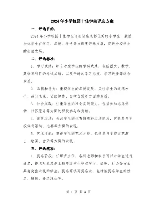 2024年小学校园十佳学生评选方案