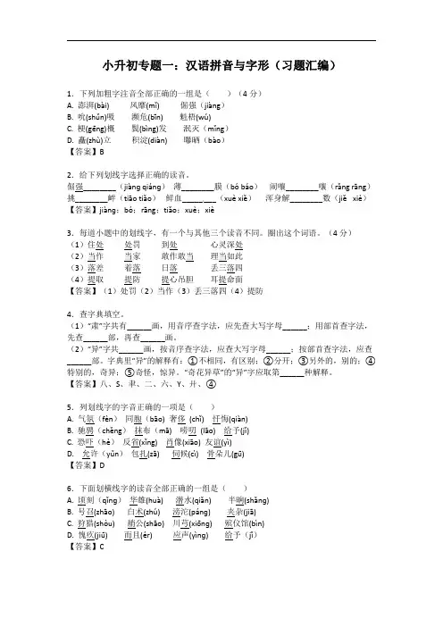 小升初语文专项习题汇编 汉语拼音与字形(人教部编版,含答案)docx