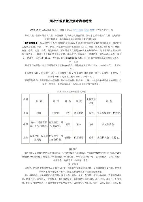 烟叶外观质量及烟叶物理特性