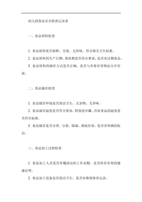 幼儿园食品安全检查记录表内容
