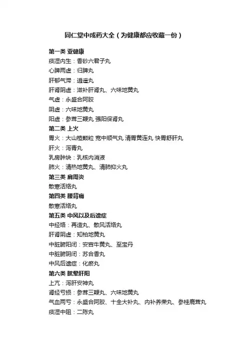 同仁堂中成药大全（为健康都应收藏一份）