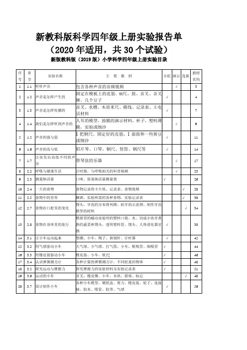 新教科版科学四年级上册实验报告单(2020年适用,共30个试验)