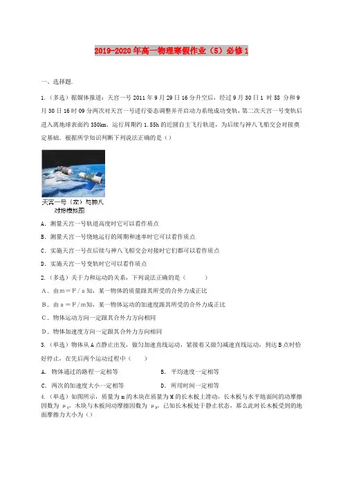 2019-2020年高一物理寒假作业(5)必修1