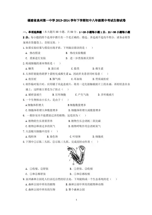 福建省泉州第一中学2013-2014学年下学期初中八年级期中考试物理试卷  有答案