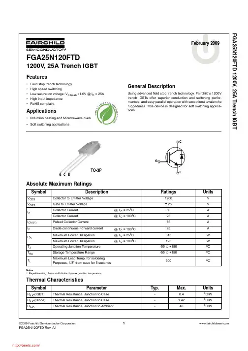 FGA25N120FTD;中文规格书,Datasheet资料