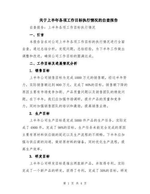 关于上半年各项工作目标执行情况的自查报告
