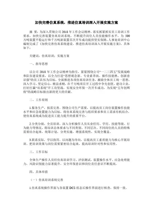 加快完善仿真系统,推进仿真培训深入开展实施方案